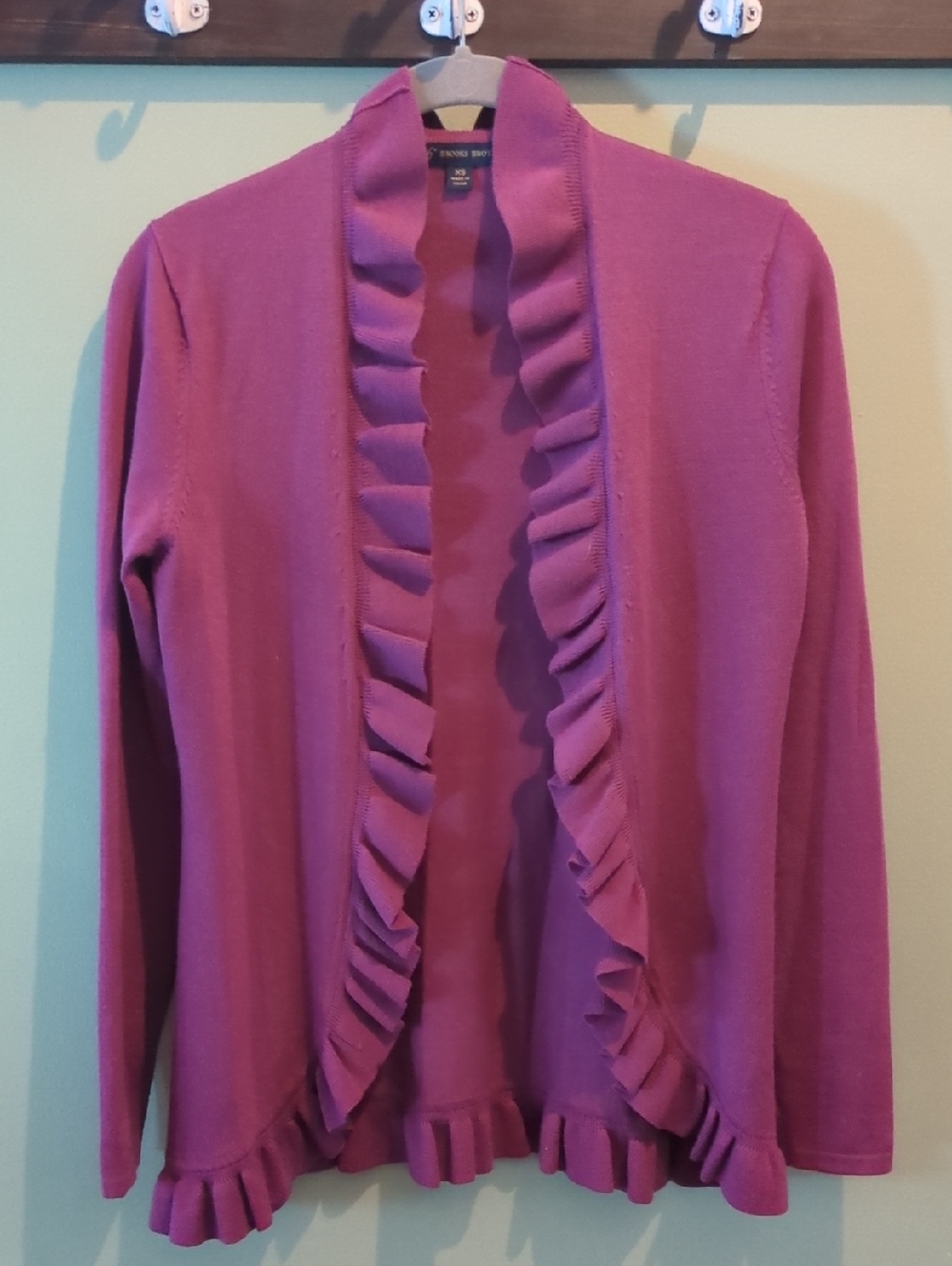 Brooks Brothers Purple Ruffle-Trim Cardigan XS Merino Wool Long Sleeve Soft
